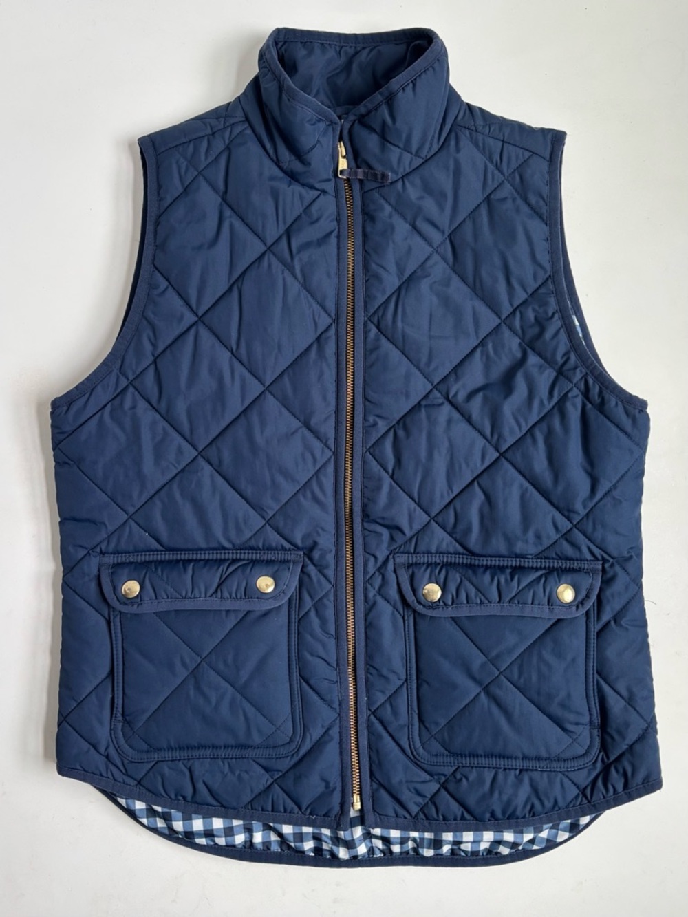 J Crew Diamond Quilted Puffer Vest Jacket  Front Zip and Pockets Navy Blue Small